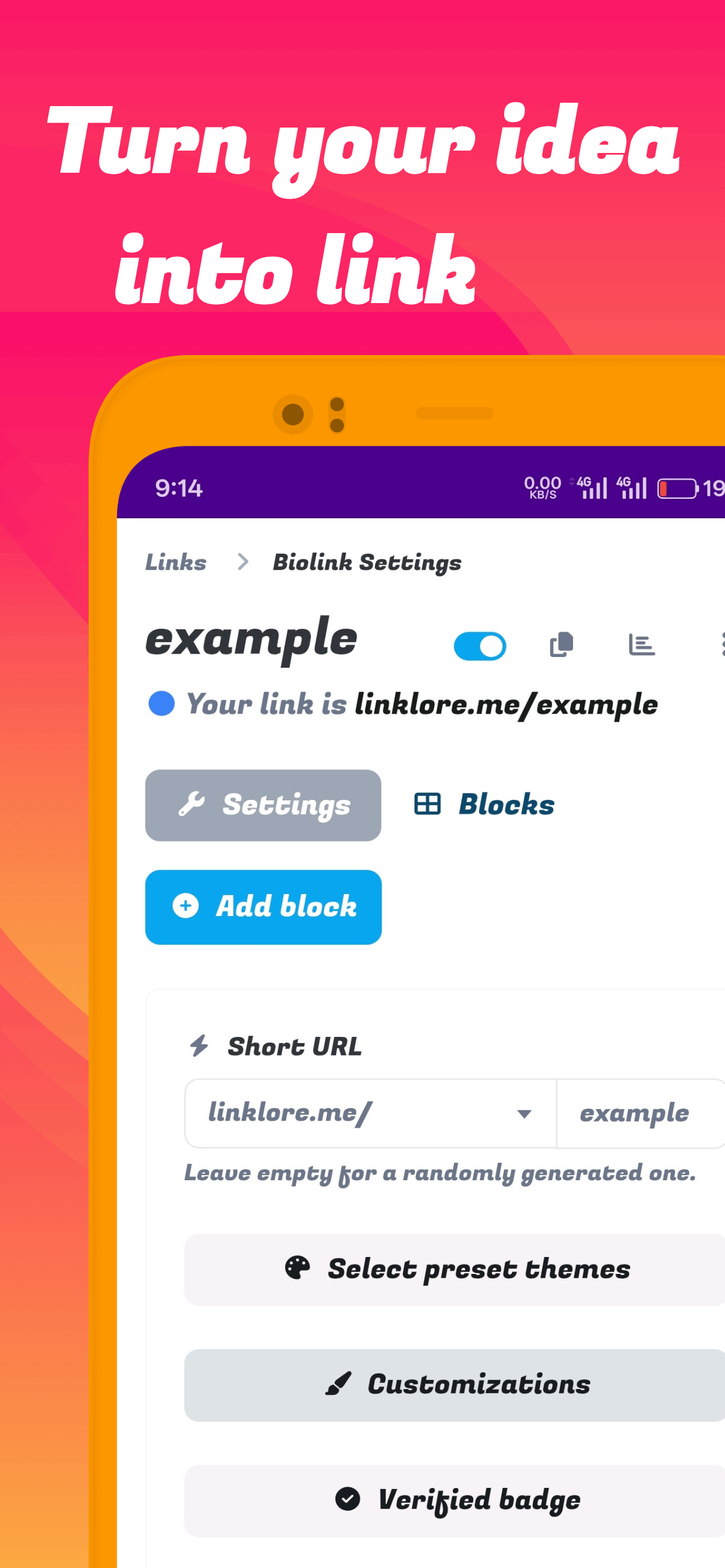 Screenshot of the app biolink editing page
